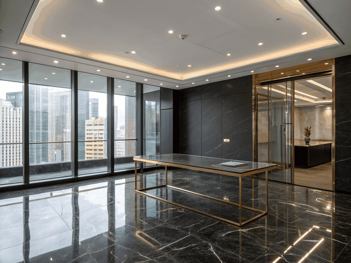 High-end architectural office overlooking a city skyline at dusk
