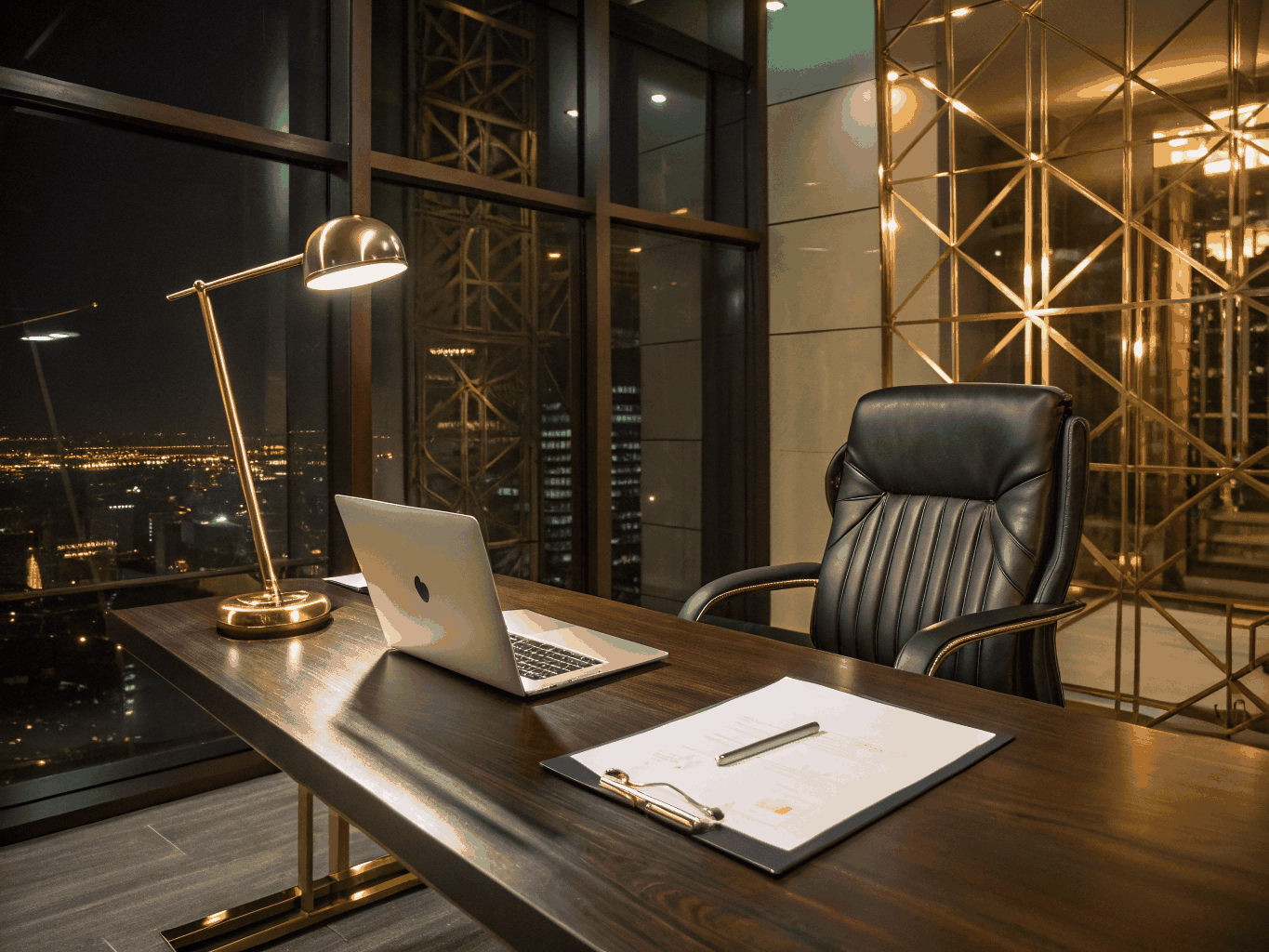 High-end executive office with architectural blueprints and luxury financial documents